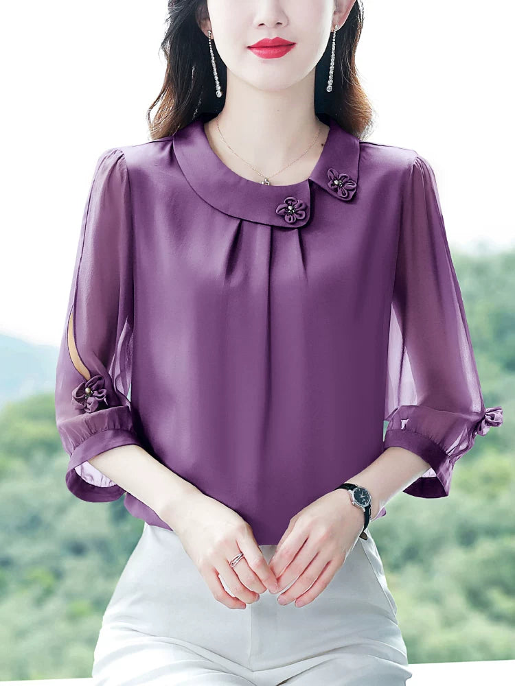 İpək köynək qadın yaz və payız üç dörddəbir qol temperamentli köynək yay yeni ana moda köynəyi tut ipək top