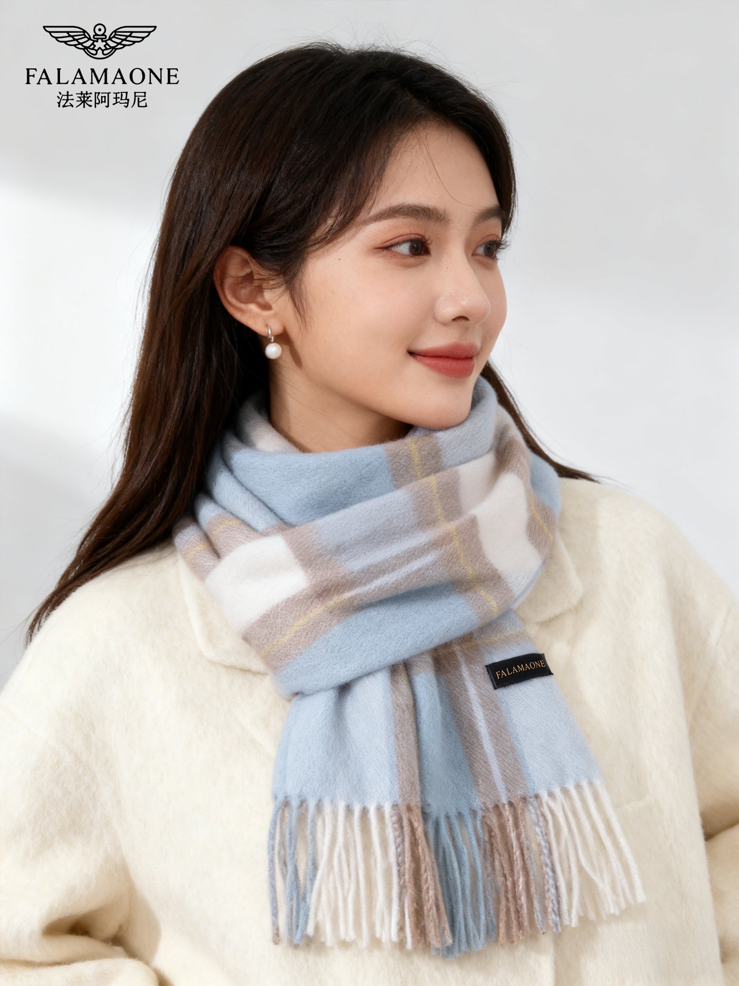 Falley Armani Women's British Style Checkered Scarf, Autumn/Winter, Pure Wool, Tasseled, Warm, Multifunctional, High Quality Shawl