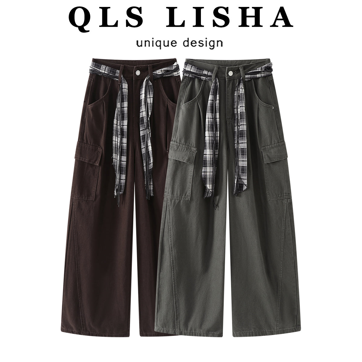 Chorissa Amerika üslubunda qadınlar üçün yüksək belli hərbi yaşıl cins şalvar, payız üçün geniş formalı, çox yönlü, gündəlik geniş ayaqlı düz ayaqlı yük şalvarı
