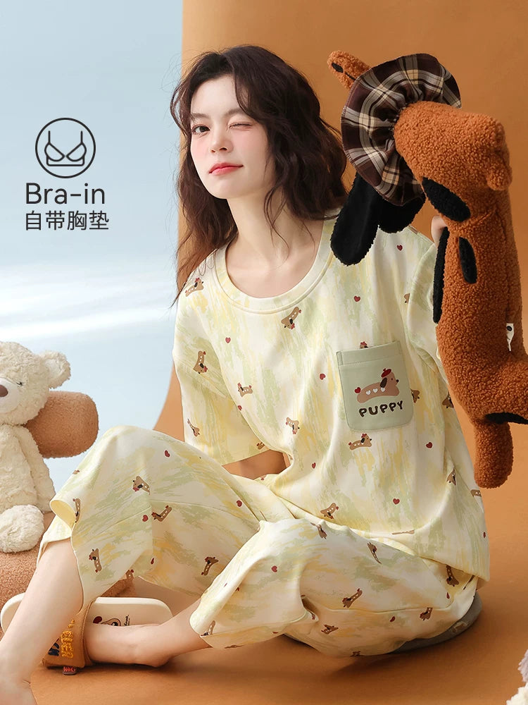 Qadınlar üçün Fenton Kean pijama 2026 yeni yay təmiz pambıq sinə yastığı ilə qısaqol qısaqol üç rüb şalvar boz ev paltarı yay