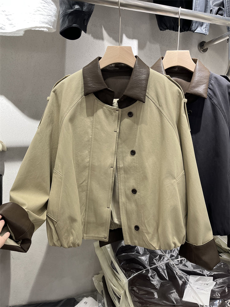 Koreya üslubunda, kiçik bədən quruluşlu qadınlar üçün yüngül, lüks qısa trençkot, yamaqlı dəri polo yaxası, yeni 2025 payız modası olan gündəlik gödəkçə.