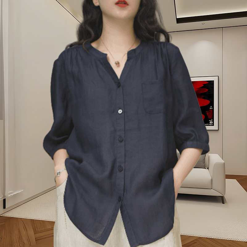 Nazik rami köynək, yay üslubunda, böyük ölçüdə, dəbli və boş V-yaxalı, düz rəngdə, çoxfunksiyalı köynək, orta uzunluqlu qollar, arıqladıcı köynək.