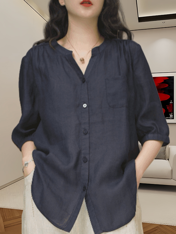 Nazik rami köynək, yay üslubunda, böyük ölçüdə, dəbli və boş V-yaxalı, düz rəngdə, çoxfunksiyalı köynək, orta uzunluqlu qollar, arıqladıcı köynək.