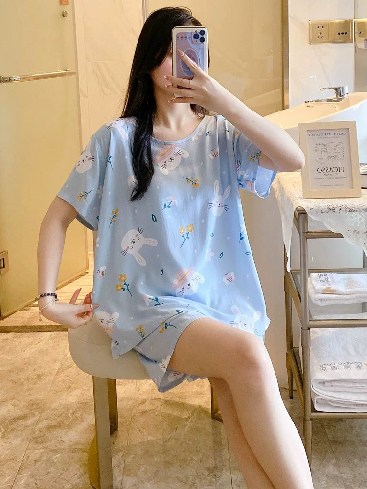 Qısaqol şort, qadın üçün pambıq ipək pijama, yay şirin kondisionerli ev paltarı, cizgi filmi qızları çöldə geyinmək olar, tələbə pambıq ipək kostyumlar