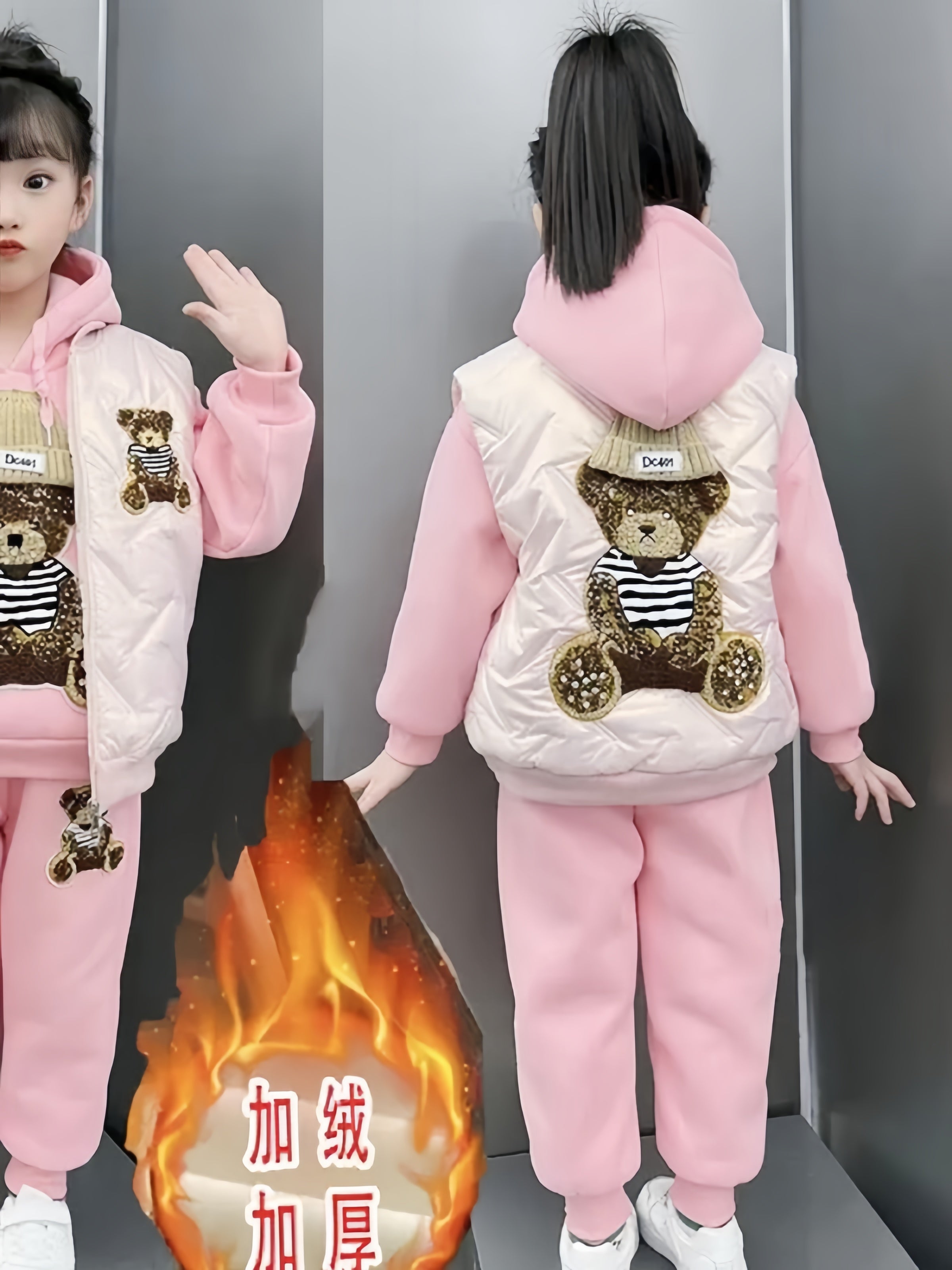 Koreya üslubunda qızlar üçün payız/qış üç hissəli dəst, dəbli, flis astarlı, qalınlaşdırılmış jilet və sviter, 2025-ci ilin yeni modeli.