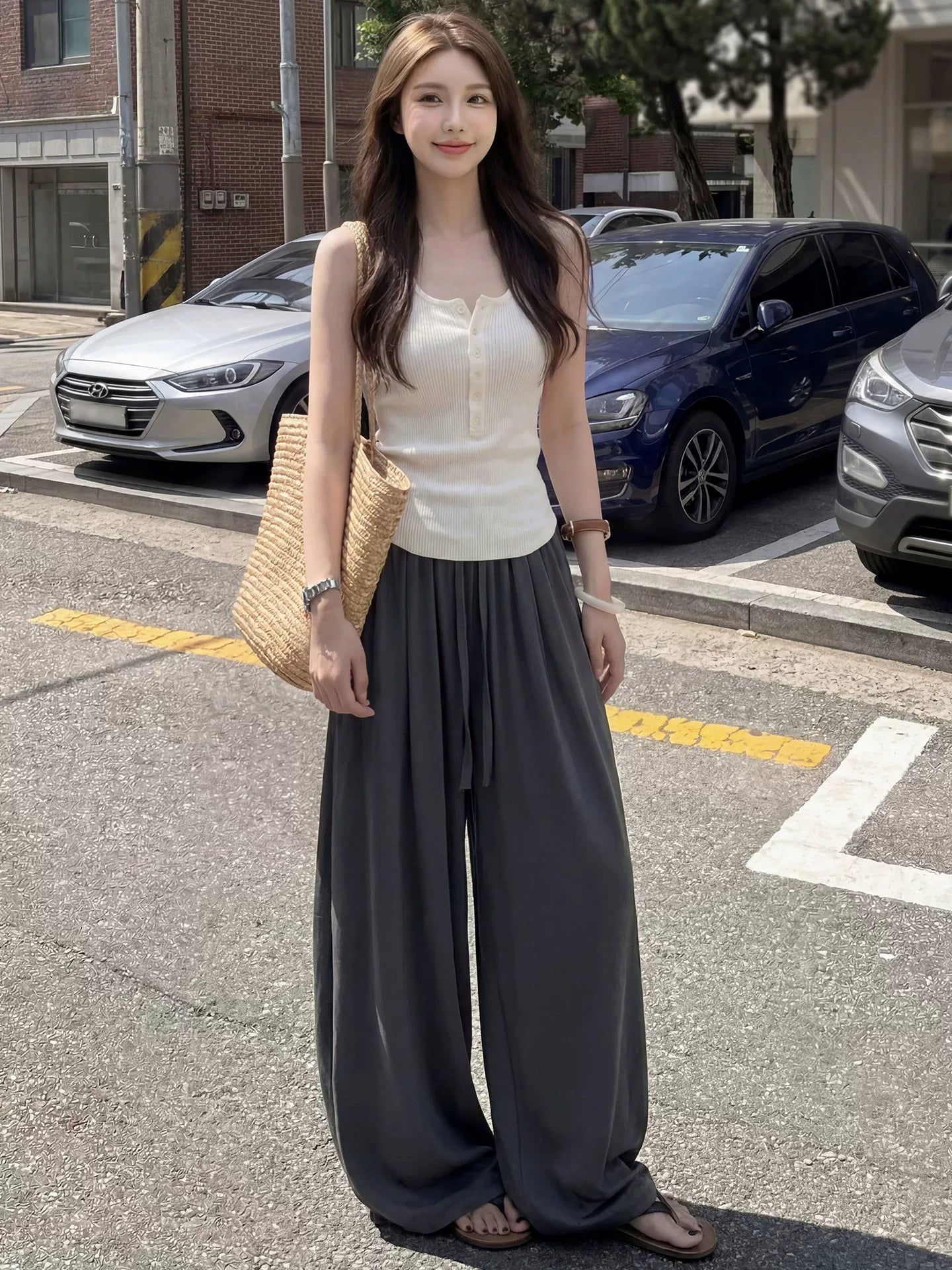 Qadınlar üçün dəniz kətan geniş paçalı şalvar yay nazik iri ölçülü yağlı mm drape köhnə pul üslubunda təsadüfi günəşdən qoruyan pala şalvar