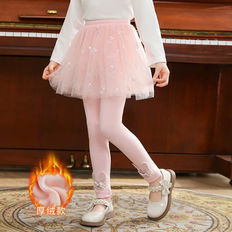 Qızlar üçün bir hissəli ətək şalvarları, 2025-ci ilin yaz və payız mövsümü üçün yeni model uşaq qış geyimləri, flis astarlı, süni iki hissəli leqinslər, ağ, çöldə geyinmək üçün.