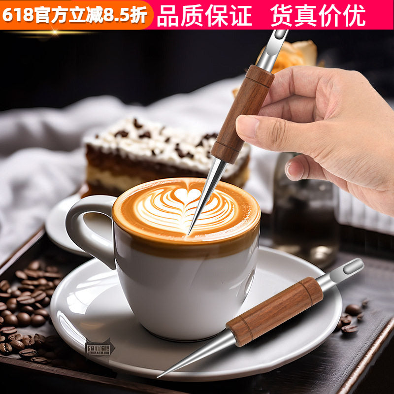 Qəhvə latte sənət iynəsi, paslanmayan poladdan oyma iynə, bərk ağac gül ağacı latte qəhvə toxunma iynəsi, dəbli qəhvə latte sənət qələmi