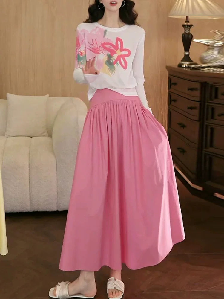 Fransız retro çəhrayı qatlı ətək qadınlar üçün yay yeni xasiyyətli yüksək bel orta uzunluqlu böyük ətəyi A-xəttli yubka