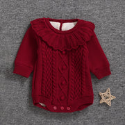 Qız uşağı üçün qış sviteri, yun astarlı, yeni doğulmuş/tam aylıq körpə geyimləri, şahzadə stilində şık romper, ilk ad günü dəsti, qırmızı.