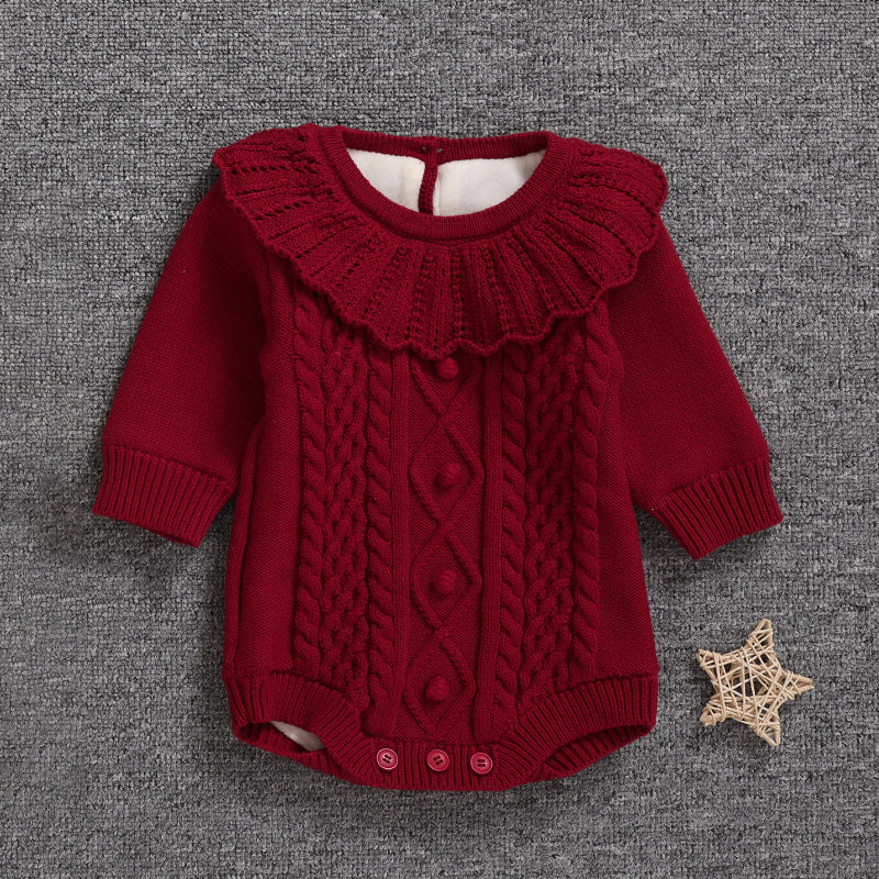 Qız uşağı üçün qış sviteri, yun astarlı, yeni doğulmuş/tam aylıq körpə geyimləri, şahzadə stilində şık romper, ilk ad günü dəsti, qırmızı.