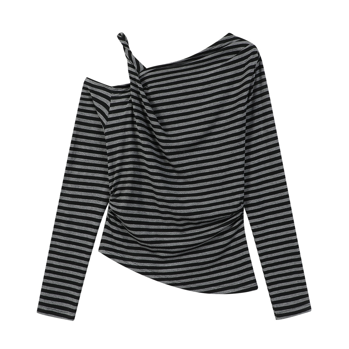 Cholisa-nın özünəməxsus çiyinləri açıq top, erkən yaz/payız 2026 yeni üslubunda, nizamsız, yüksək səviyyəli zolaqlı uzunqol qadın futbolkası.