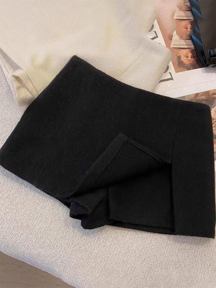 Böyük ölçülü qadın üçün ikiqat yarıqlı yun midi ətək, yaz üslubunda, yüksək belli Koreya A-xəttli qısa ətək, ifşaya qarşı ətək/şalvar