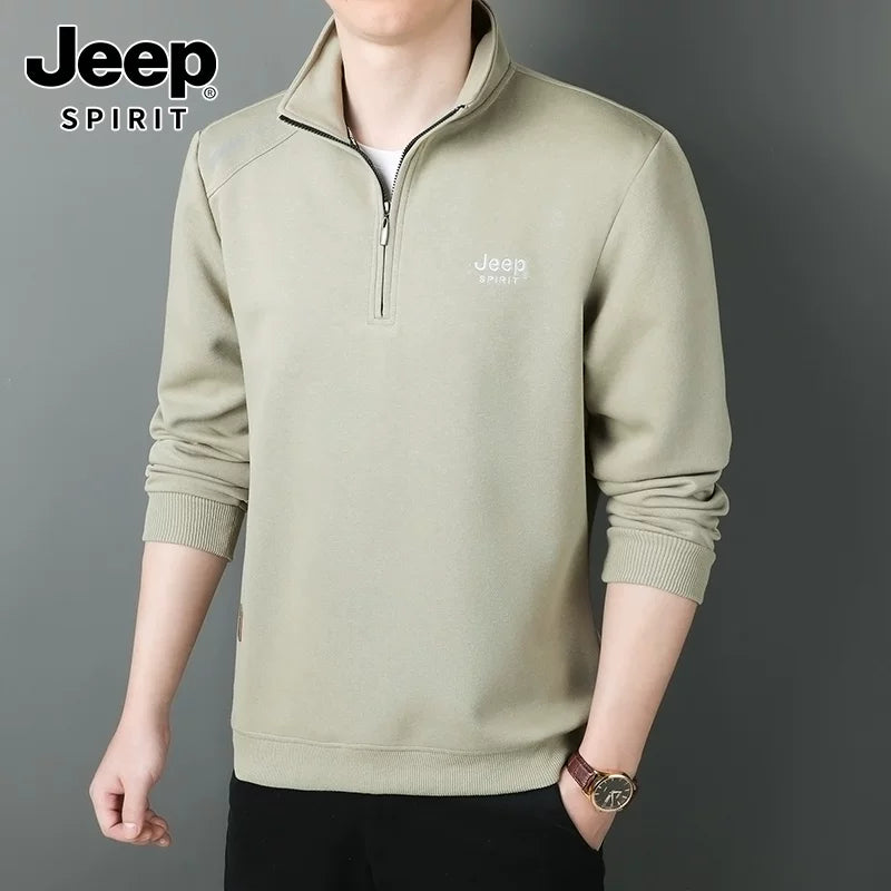 JEEP 2025 Payız Kişi Sviteri, Boş Forma, Dayaqlı Yaxalıq, Uzun Qol, Əsas Qat, Yarım Fermuarlı Top