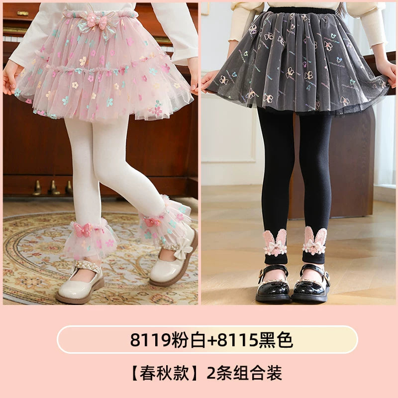 Qızlar üçün bir hissəli ətək şalvarları, 2025-ci ilin yaz və payız mövsümü üçün yeni model uşaq qış geyimləri, flis astarlı, süni iki hissəli leqinslər, ağ, çöldə geyinmək üçün.