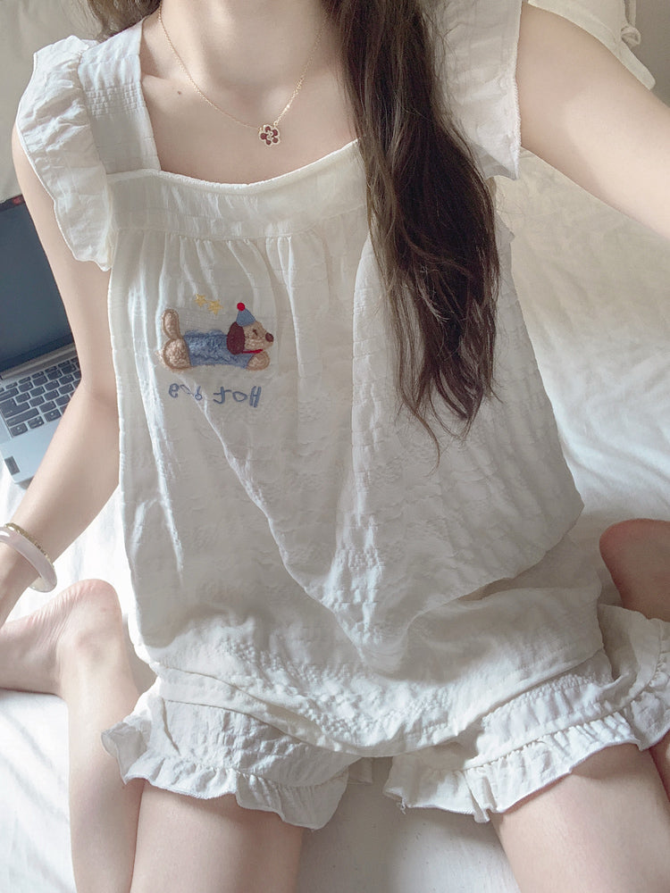 Qadınlar üçün döş yastıqlı pijama, yay buludlu pambıq tekstura, dachshund it asma şort, jilet, üst geyimi ev paltarı dəsti
