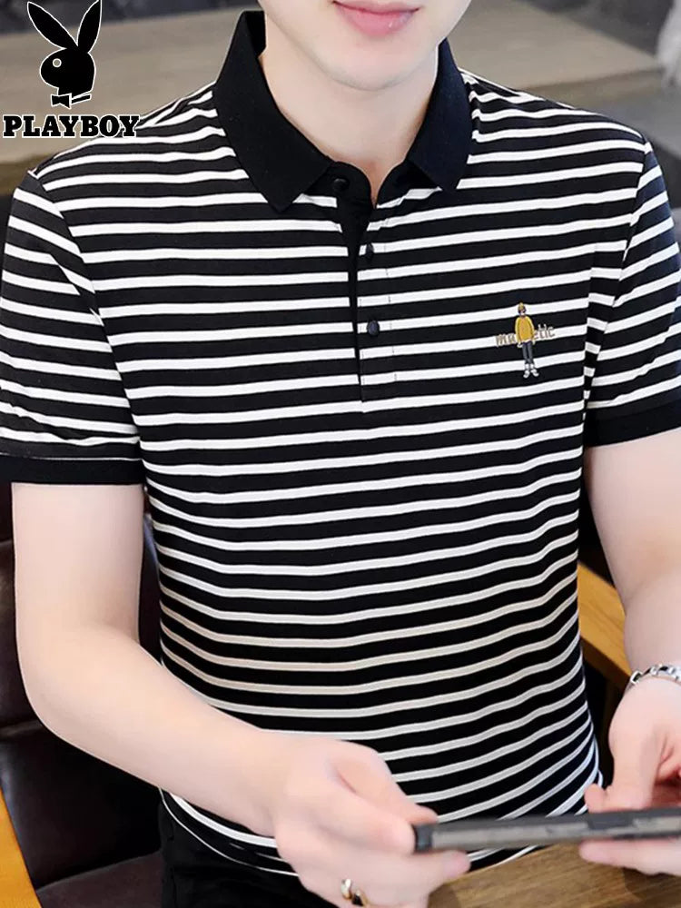 Playboy zolaqlı qısaqol kişi köynəyi 2026 yeni yay polo köynəyi təmiz pambıq nazik buz ipək köynək modası