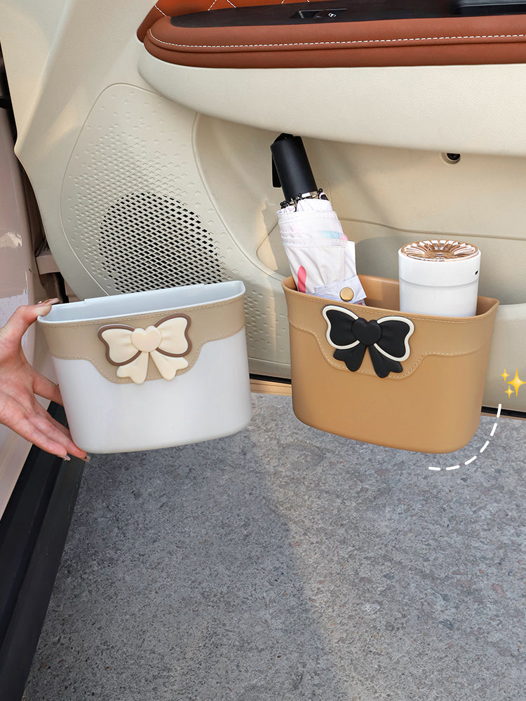 Car trash can, side door storage, interior premium feature seat back multi-function storage umbrella holder