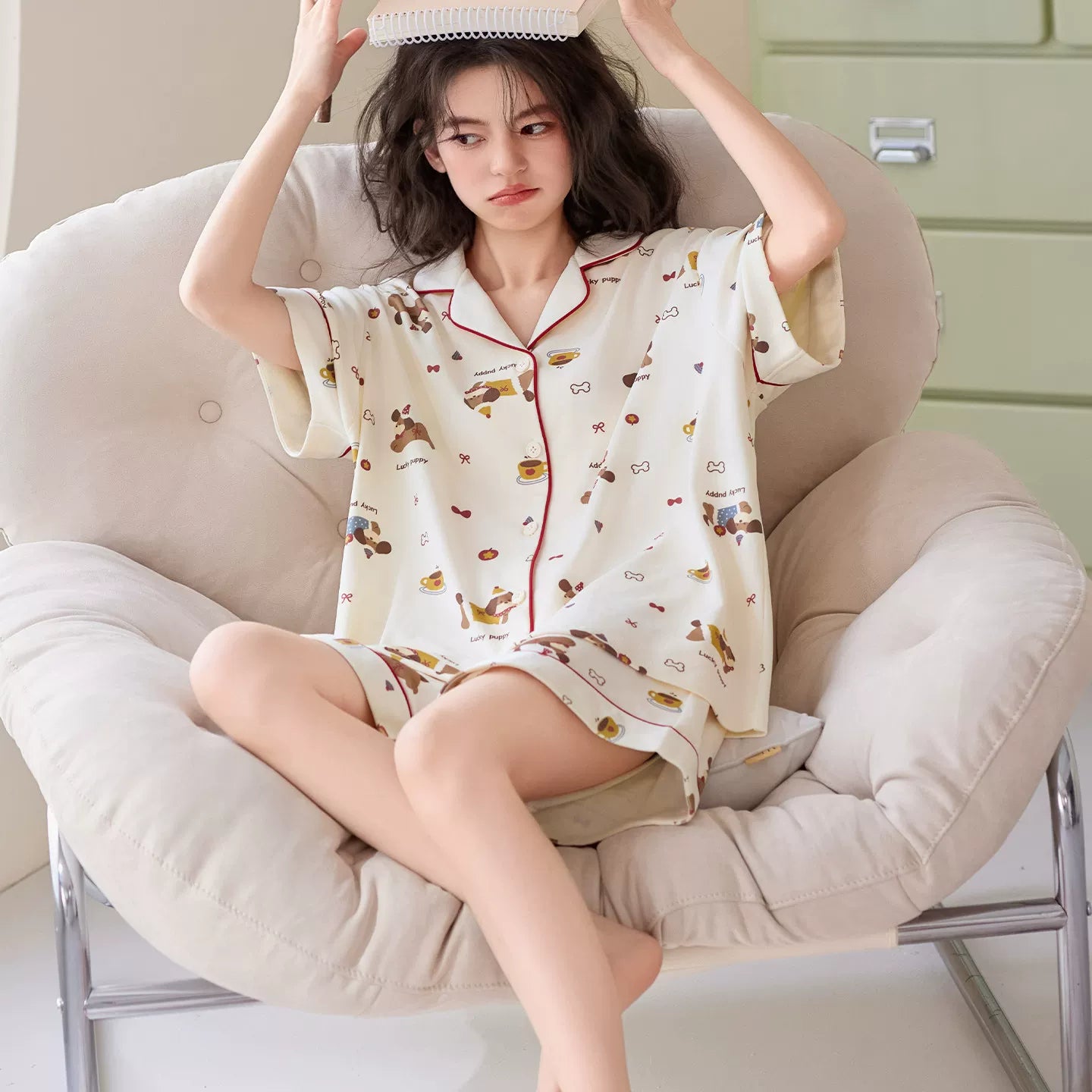 Qadınlar üçün Catman təmiz pambıq pijama yaz və yay qısaqol şort 2026 yeni cizgi filmi şirin ev paltarı dəsti çöldə geyinmək olar