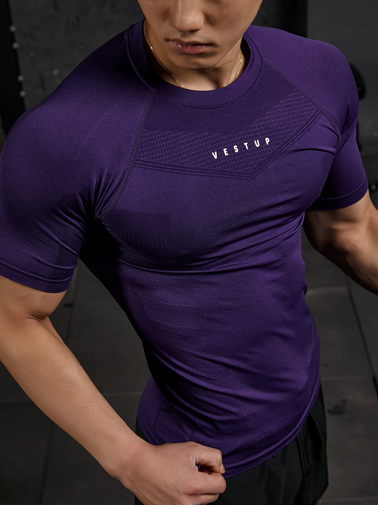Vest Up Amerika slim fit tikişsiz fitnes qısaqol kişi teksturalı qısaqol yüksək elastik qırış əleyhinə tayt kişi köynəyi