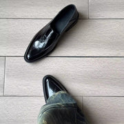 Kişilər üçün uclu qara dəri ayaqqabı, yüksək səviyyəli model, platforma altlıq, hündürdaban, Britaniya üslubunda, sürüşməyən, işgüzar gündəlik, işgüzar səfərlər üçün loferlər