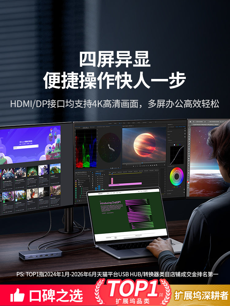 Green Alliance typec-dən HDMI genişləndirilməsi DP1.2 dörd ekranlı diferensial displey 4K60Hz proyeksiya dok stansiyası 2K displey bölünmüş ekran çevirici multi-interfeys funksiyası USB splitter kompüter noutbukları üçün uyğundur