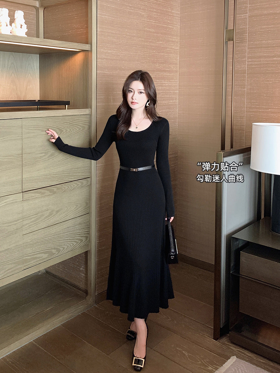 Island Song Lady Yun Örgü Don Qadın Payız və Qış A-xətt Ətək, İncə Uyğun, Qara Daxili Qatlı Zərif Baza Don