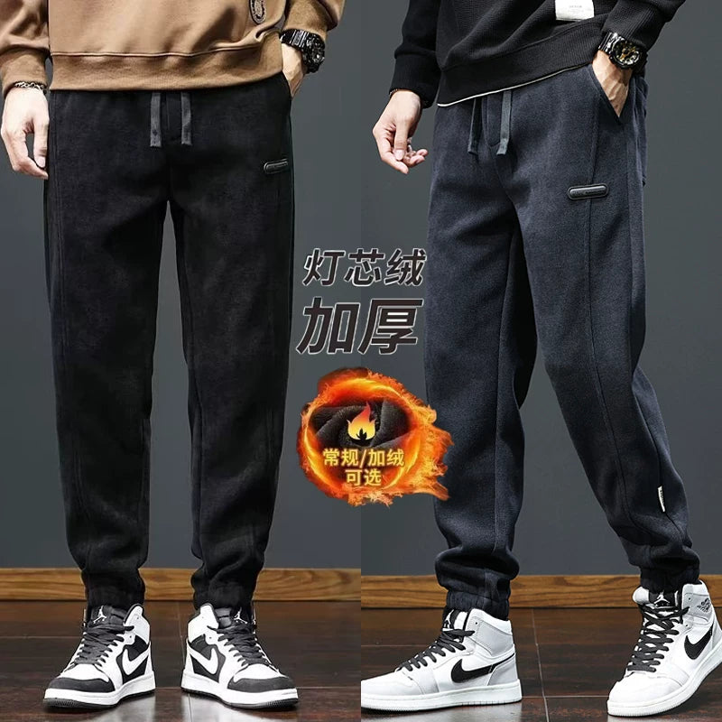 Kişilər üçün 2025-ci ilin yaz və payız şalvarları Yeni Stil, Yun astarlı məxmər gündəlik şalvarlar, Boş Fit, İdman şalvarları, Uzun şalvarlar, Dəbli