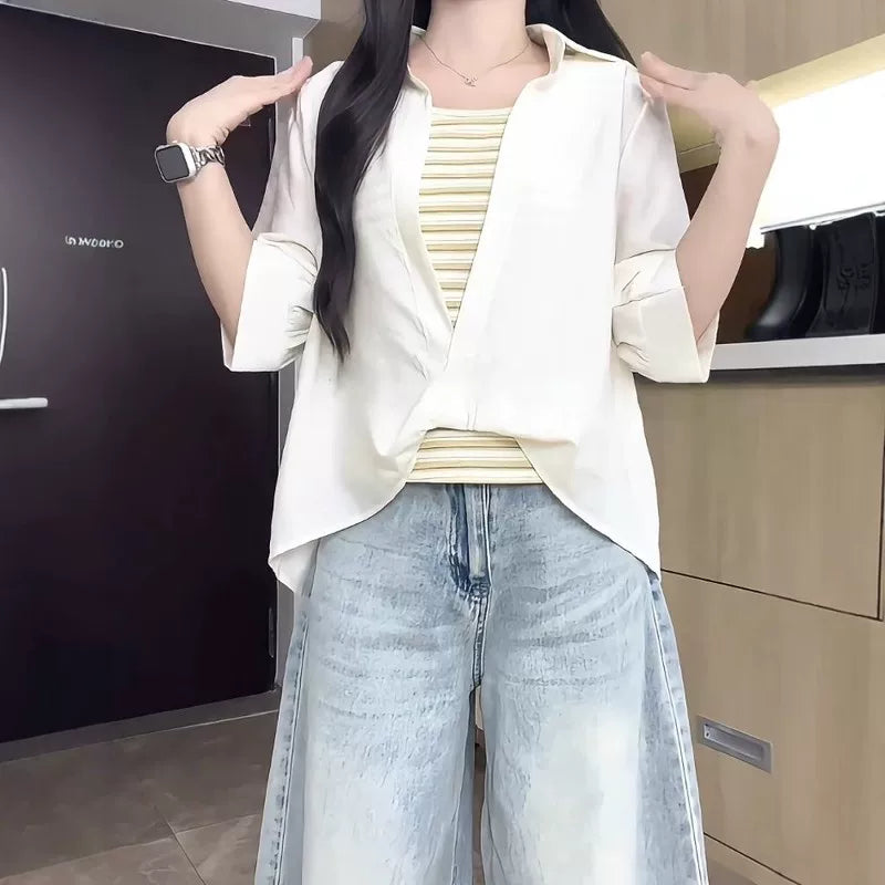 Böyük ölçülü qadınlar üçün 2026 yay yeni stilində boş yamaqlı iki hissəli köynək, arıqladıcı gündəlik qısaqol köynək