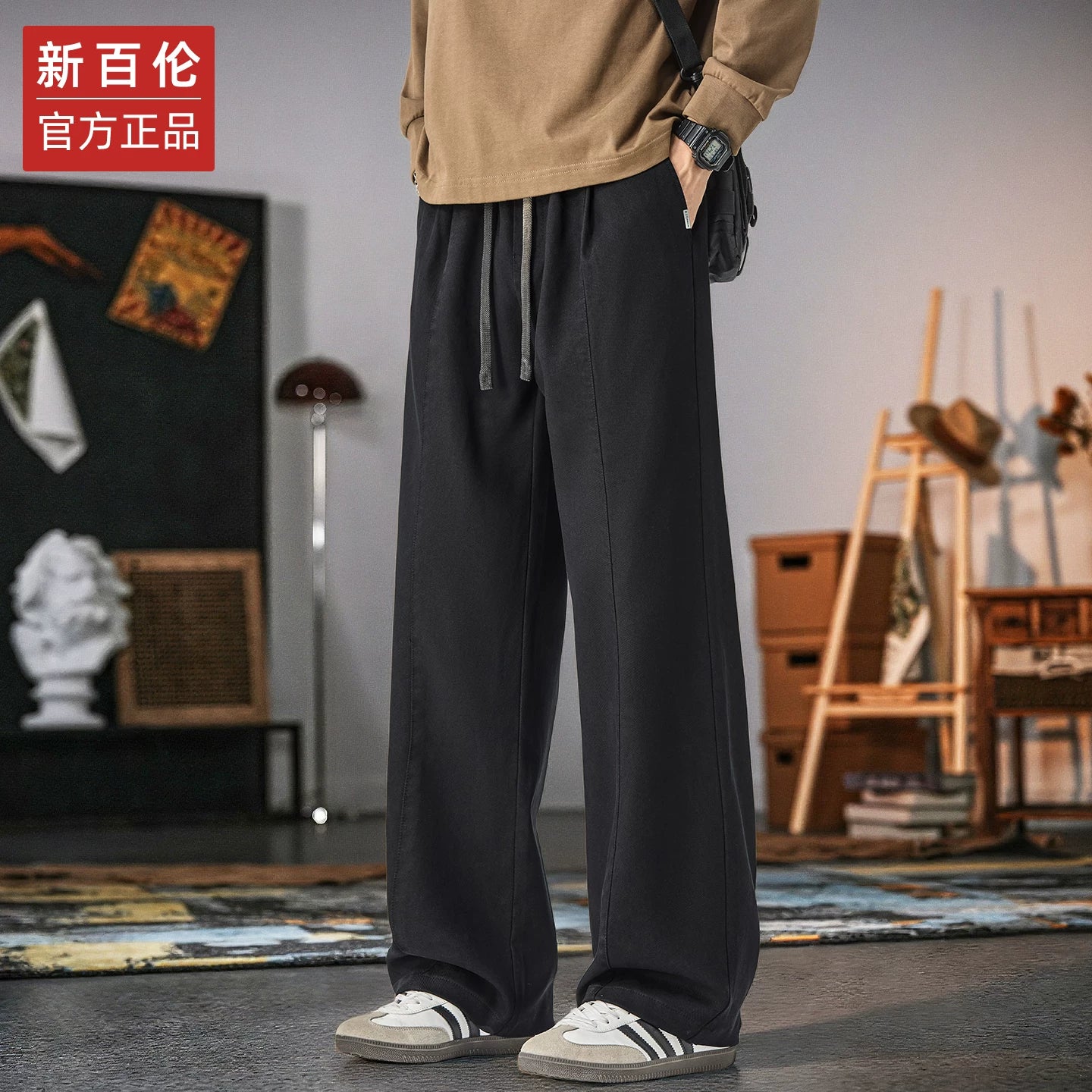 Kişilər üçün New Balance geniş ayaqlı gündəlik şalvar, 2025 payız/qış yeni model, dəbli boş düz ayaqlı, flis astarlı və qalın idman şalvarı.