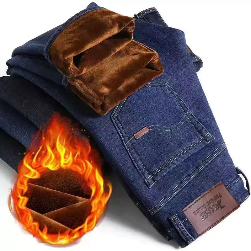 Kişilər üçün Payız/Qış Qalın Dartılan Yun Astarlı Denim Cins Şalvar, Düz Ayaqlı, Boş Formalı, Gündəlik, Böyük Ölçülü, Yüksək Bel, İsti və Quru Şalvar