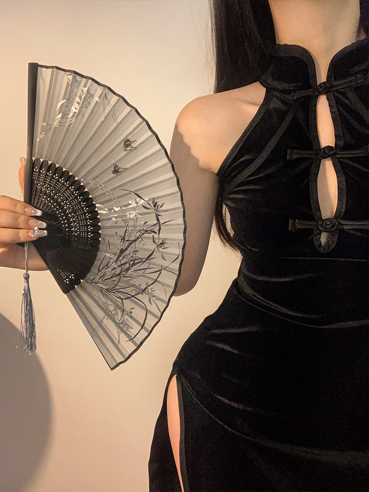 Çin üslubunda qara mürəkkəb rəsm cheongsam fanatı portativ yay antik Çin üslubunda qotaz qatlanan fan portativ Hanfu bambuk fanatı