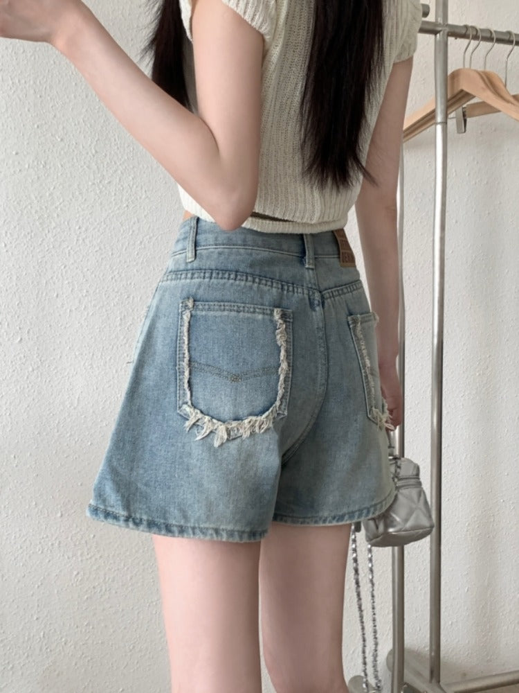 Qadınlar üçün böyük ölçülü retro yüksək belli düz ayaqlı cins şalvar, yeni yay stili, arıqladıcı geniş ayaqlı isti şalvar, çoxfunksiyalı şortlar