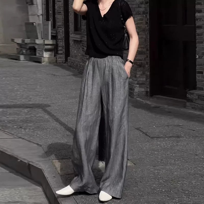 Qadın kətan gündəlik şalvarı, yay üçün nazik model, böyük ölçüdə, arıqladıcı, armud formalı, geniş və rahat, yerə qədər uzanan şalvar