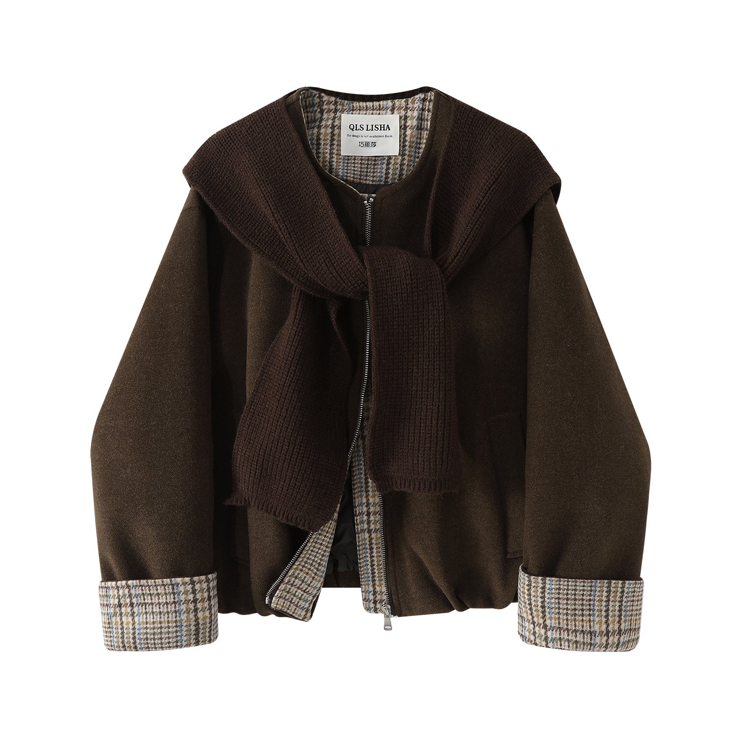 Chola Lisa qadın üçün dama rəngli Koreya üslubunda yun palto, ağ ördək tüklü astarlı payız və qış tüklü gödəkçə, qısa yun palto