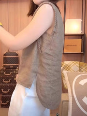 Böyük ölçülü qadın ağır kətan jilet, 2026-cı il yay yeni dəbi, geniş formalı, çoxfunksiyalı, arıqladıcı qolsuz top.