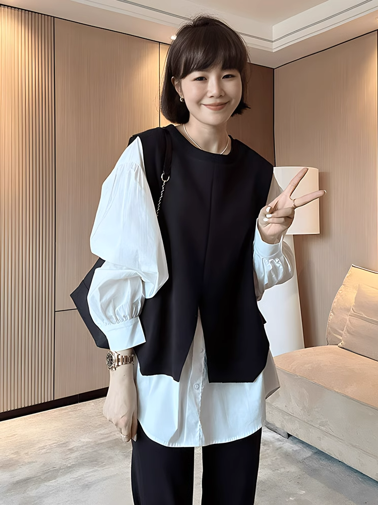 Women's oversized, irregular faux two-piece long-sleeved shirt, new fall and winter fashion, loose-fitting, slimming, unique outerwear shirt.