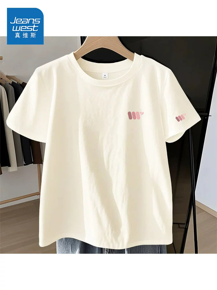 Jeanswest ərik rəngi sağ çiyinli qısaqol qadın köynəyi 2026 yay yeni isti stil qadın təmiz pambıq qısaqol top A