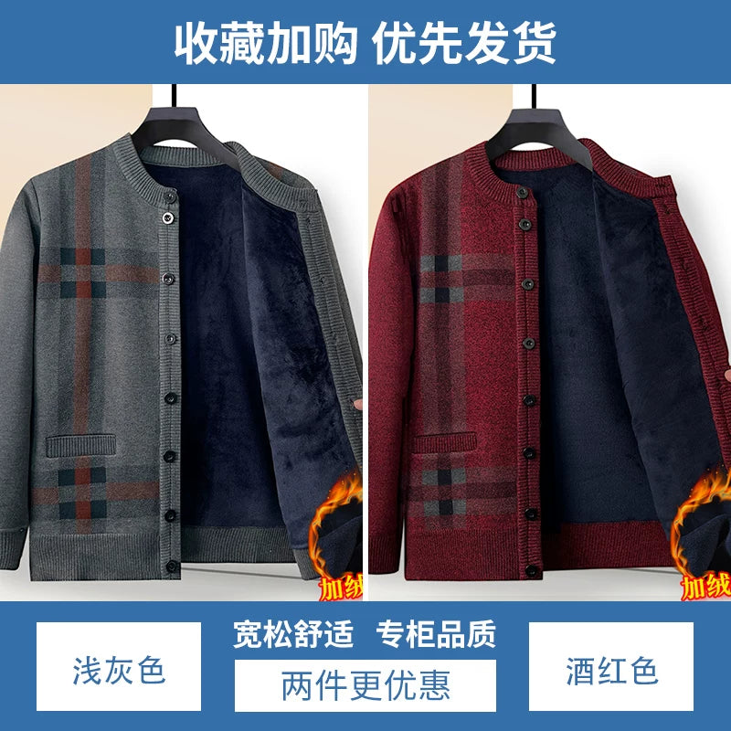 Payız və qış qalın flis hırka, orta və yaşlı insanlar üçün isti, dairəvi yaxalı düyməli toxunma sviter palto, baba köynəyi