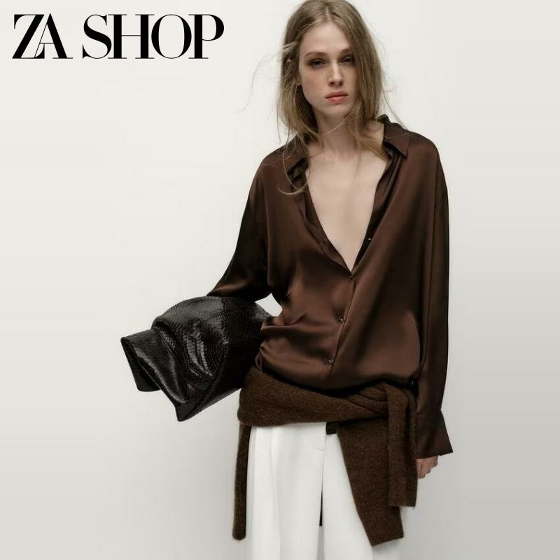 2025 Yaz Yeni Gəlişi Qadınlar üçün Çoxfunksiyalı Boş Gündəlik Uzunqollu Top, İpək Atlaz Teksturalı Köynək 2074580