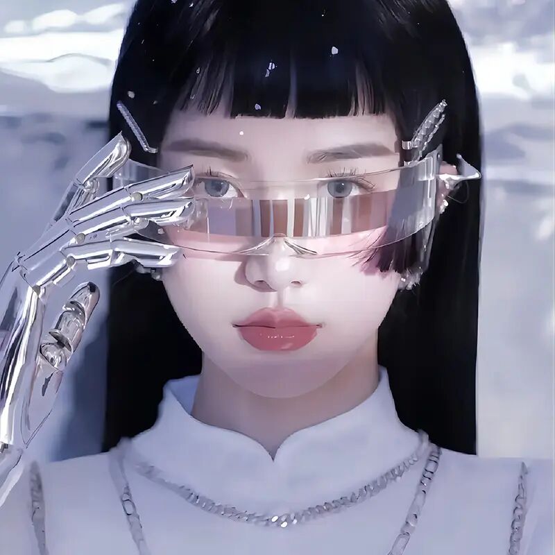 Şəkil çəkdirmək üçün Cyberpunk futuristik texnologiyaya uyğun eynəklər, dəbli kişi və qadın elmi-fantastik baş bantları, günəş eynəkləri, küçə diskotekaları və hamısı bir yerdə