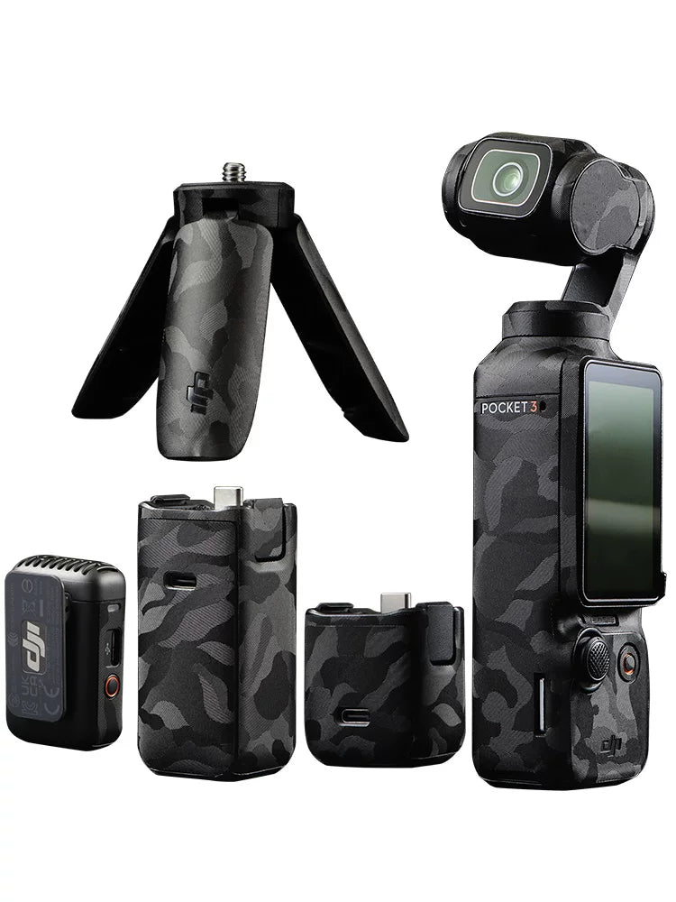 DJI POCKET4/3 stikerləri üçün uyğundur DJIpocket3ar film idman kamerası silikon bazası 3M kamuflyaj qara karbon fiber qara hər şey daxil cib 3 film aksesuarları