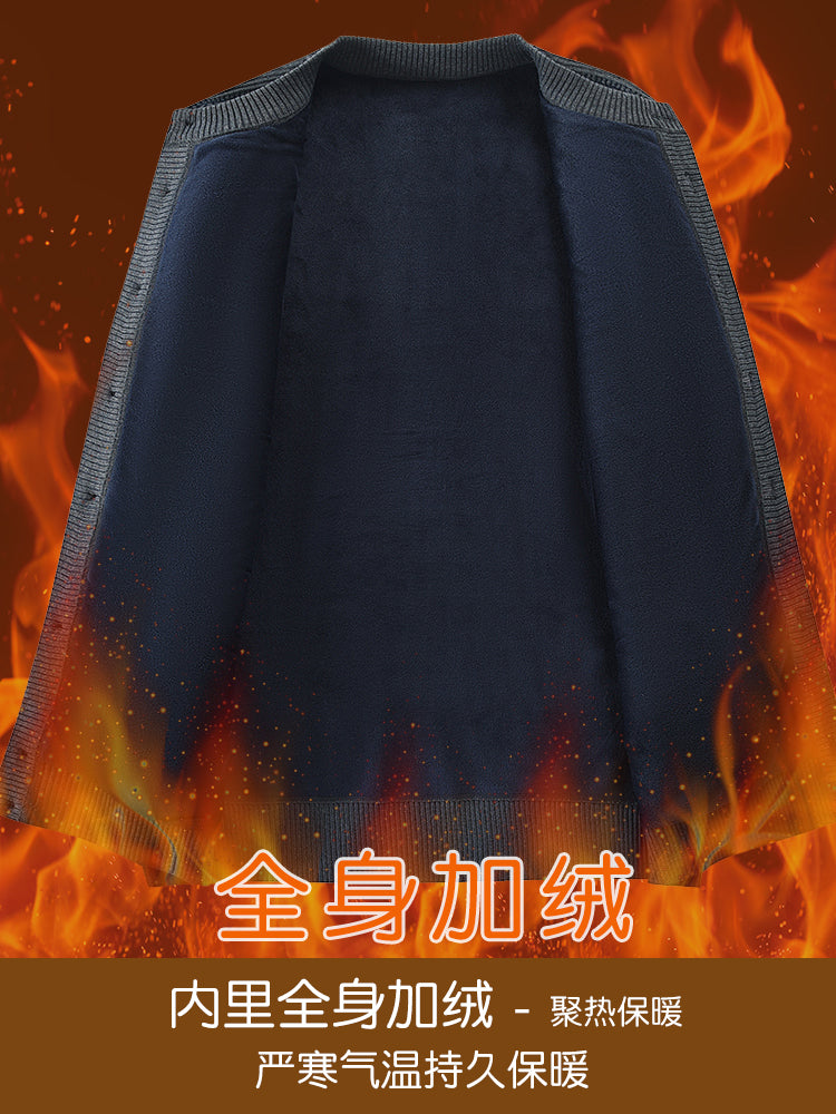 Payız və qış qalın flis hırka, orta və yaşlı insanlar üçün isti, dairəvi yaxalı düyməli toxunma sviter palto, baba köynəyi