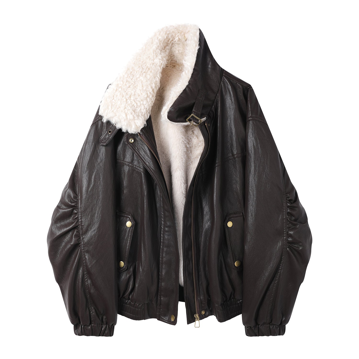 Chorlisa-nın qadınlar üçün zərif retro üslublu yamaqlı quzu yunundan payız/qış yaxalıq dəri gödəkçəsi/motosiklet paltosu.