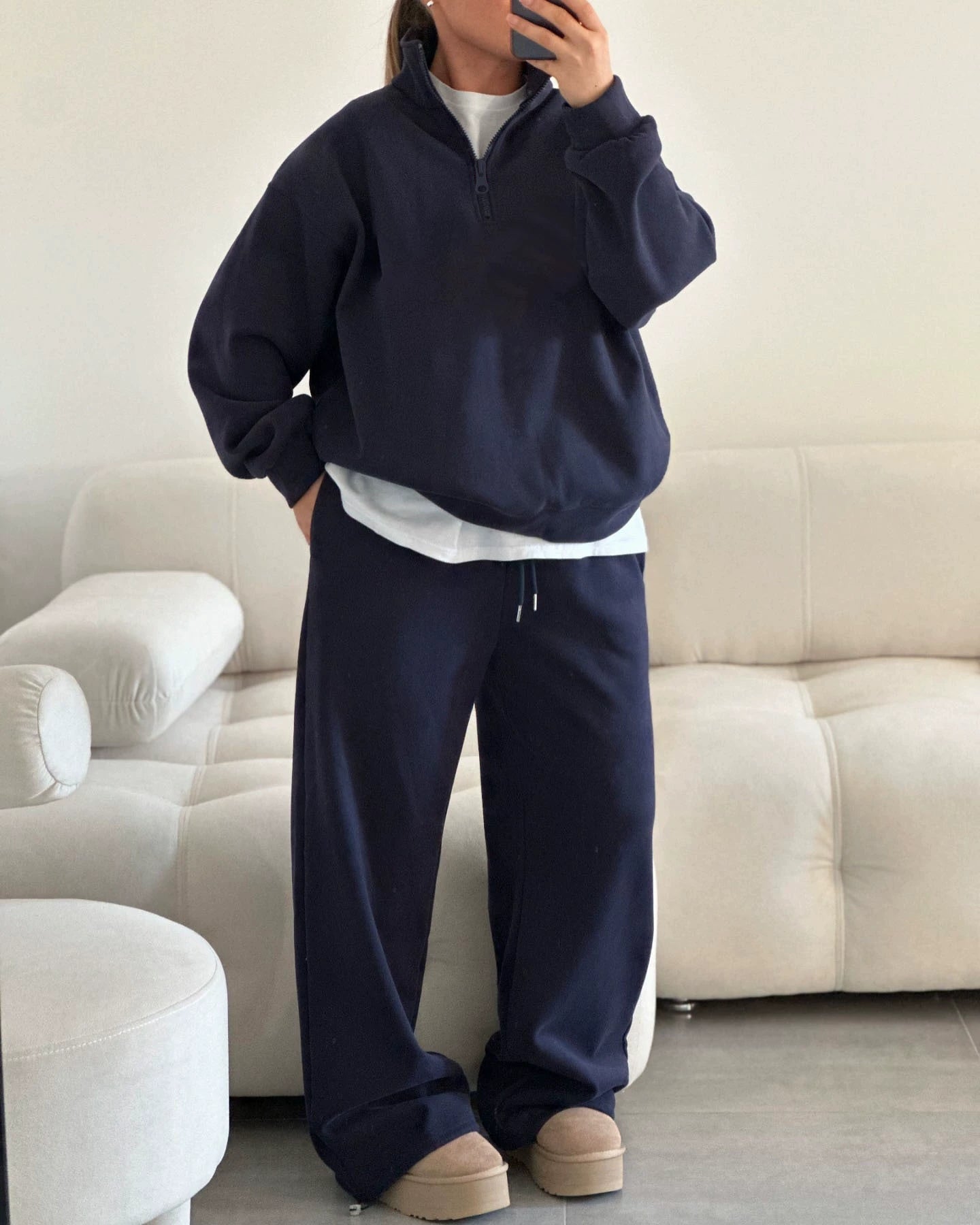 European and American style loose, half-zip shirt and pants set