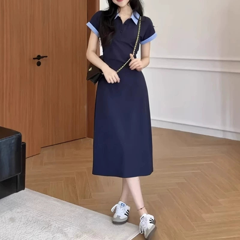 Böyük ölçülü yay Koreya üslubunda qadın üçün rəngli bloklu polo yaxalıqlı don, nazik, yüksək belli, arıqladıcı, bədən quruluşuna uyğun uzun don.