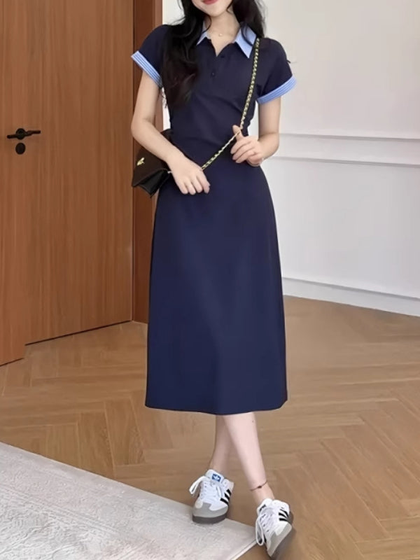 Böyük ölçülü yay Koreya üslubunda qadın üçün rəngli bloklu polo yaxalıqlı don, nazik, yüksək belli, arıqladıcı, bədən quruluşuna uyğun uzun don.