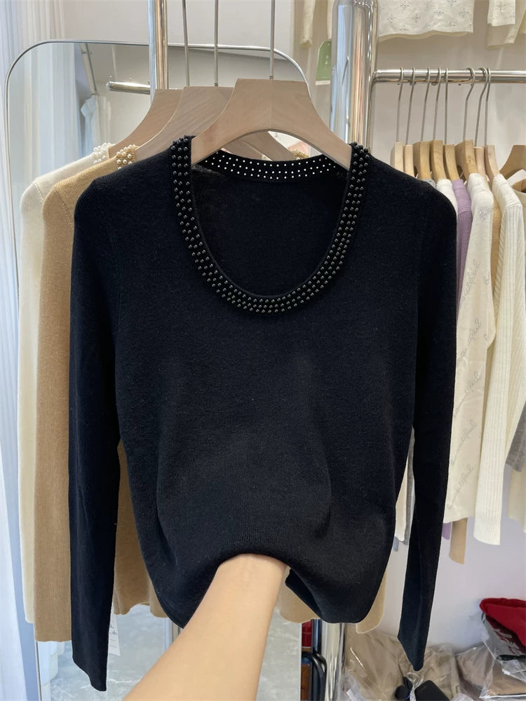 Böyük ölçülü qadın U-formalı trikotaj sviter, payız və qış dizaynı, muncuqlu sviter, boş və arıqladıcı top