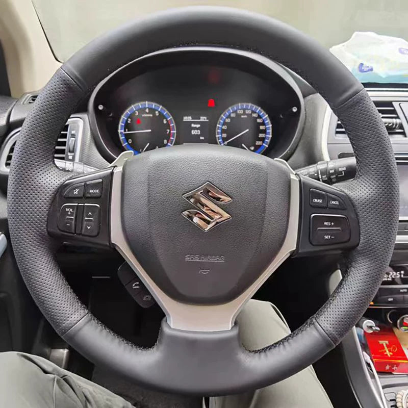 Suzuki Vitara steering wheel cover, genuine leather, 2017 model, hand-stitched, full coverage.