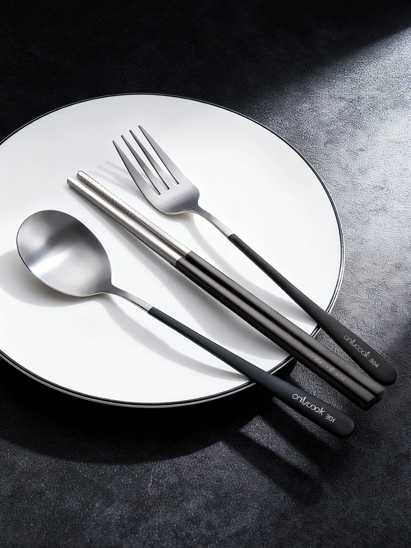 onlycook portativ süfrə üç hissəli dəst paslanmayan poladdan hazırlanmış yemək çubuqları və qaşıq dəsti saxlama qutusu tələbə yemək çubuqları qaşıq çəngəl